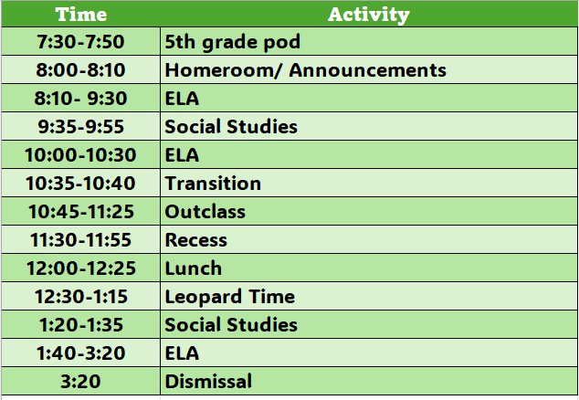 A green and white scheduleAI-generated content may be incorrect.